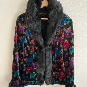 Vtg Betsey johnson velvet floral coat fur blazer jacket 90s Y2K urban rose
